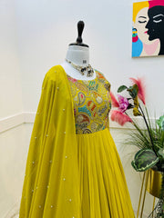 Yellow Designer Embroidered Gown with Dupatta