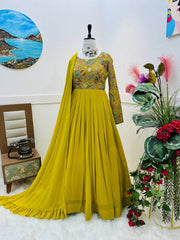 Yellow Designer Embroidered Gown with Dupatta