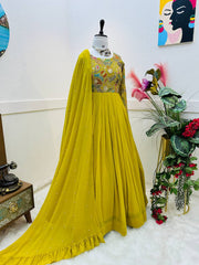 Yellow Designer Embroidered Gown with Dupatta