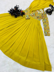 Yellow Designer Embroidered Gown with Dupatta