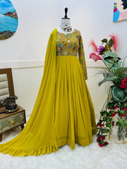 Yellow Designer Embroidered Gown with Dupatta