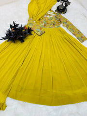 Yellow Designer Embroidered Gown with Dupatta