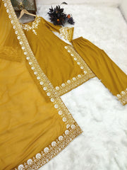 Yellow New Designer Party Sharara Suit & Dupatta Set – Maska Silk with Exquisite Embroidery