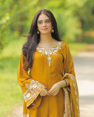 Yellow New Designer Party Sharara Suit & Dupatta Set – Maska Silk with Exquisite Embroidery