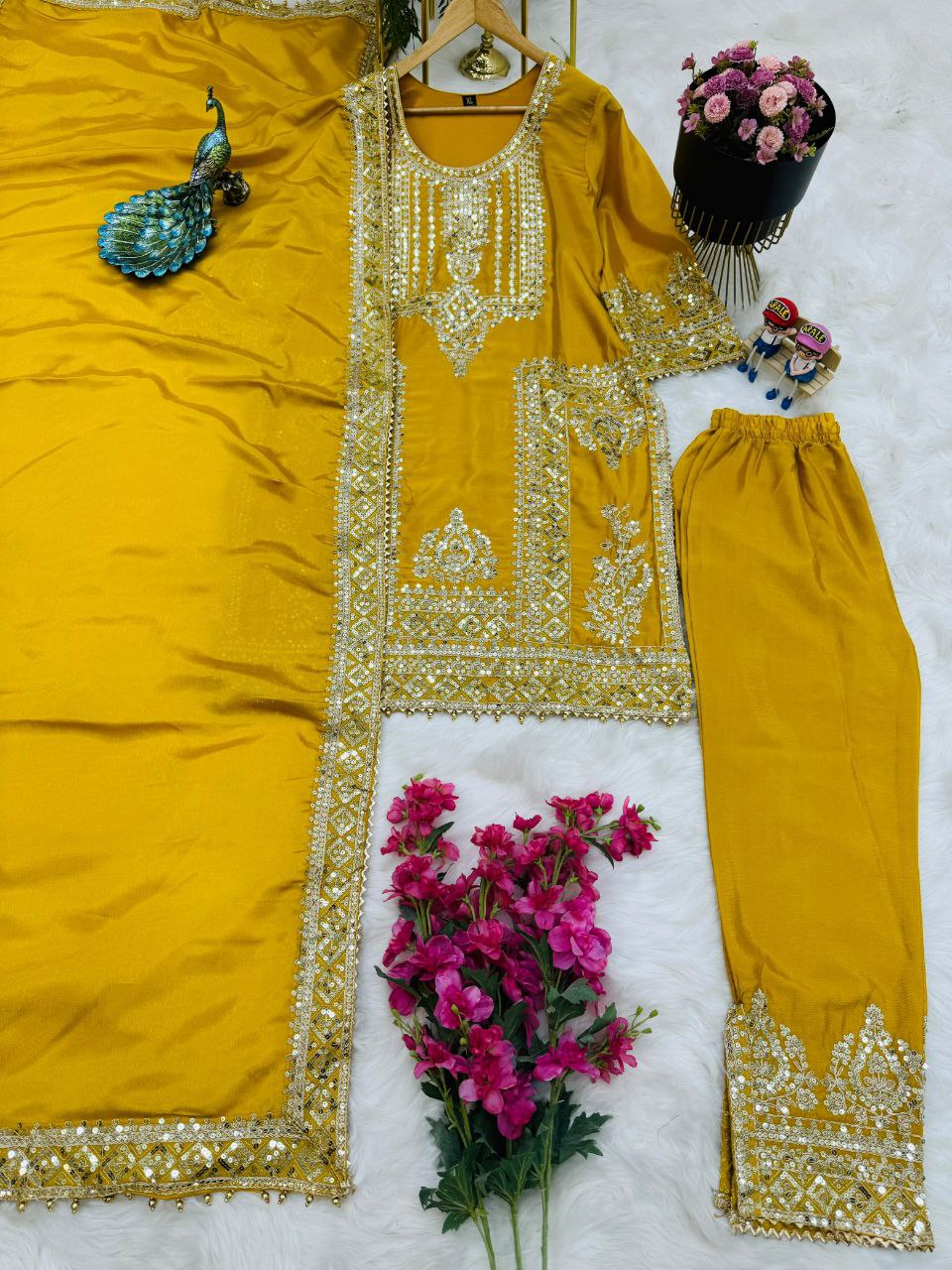 Yellow New Designer Party Suit & Dupatta Set – Chinon Silk with Sequin Embroidery & Coding Work