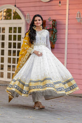 Yellow Party Wear Faux Georgette Gown Set – Embroidered Dupatta & Bottom