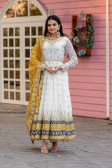 Yellow Party Wear Faux Georgette Gown Set – Embroidered Dupatta & Bottom
