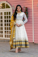 Yellow Party Wear Faux Georgette Gown Set – Embroidered Dupatta & Bottom