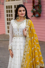 Yellow Party Wear Faux Georgette Gown Set – Embroidered Dupatta & Bottom