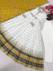 Yellow Party Wear Faux Georgette Gown Set – Embroidered Dupatta & Bottom