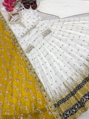 Yellow Party Wear Faux Georgette Gown Set – Embroidered Dupatta & Bottom