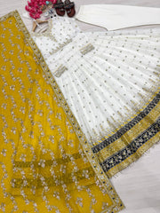 Yellow Party Wear Faux Georgette Gown Set – Embroidered Dupatta & Bottom