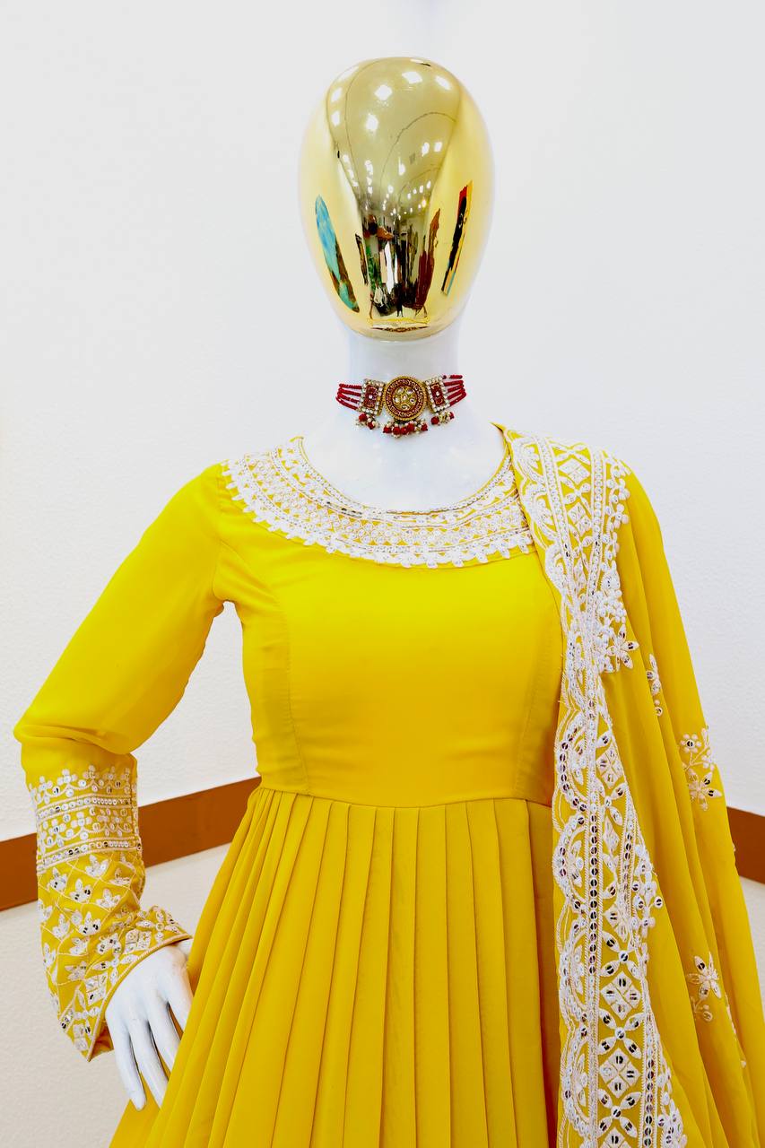 Yellow Sequin Embroidered Gown with Dupatta