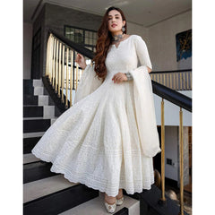 Milky White Designer Indian Anarkali Gown In Beautiful Chikan Kari Work with Organza Dupatta Set for Wedding, Party and Casual Wear