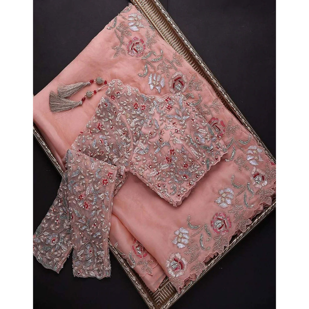 Peach Organza Silk Saree with Sequins, Zari and Thread Embroidery