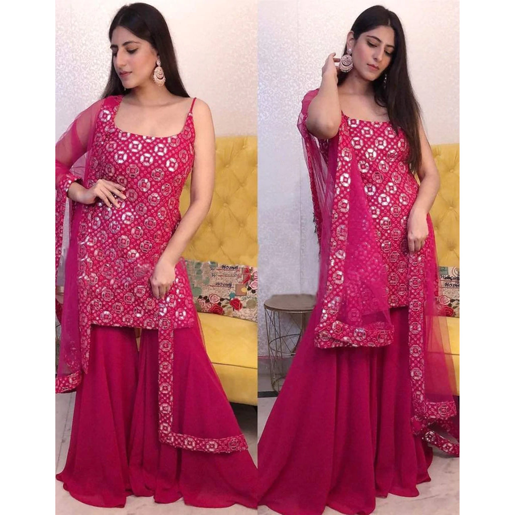 Pink Georgette Salwar Suit with Resham and Mirror Work