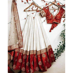 Red and White Embroidered Taffeta Silk Wedding Wear Lehenga Choli