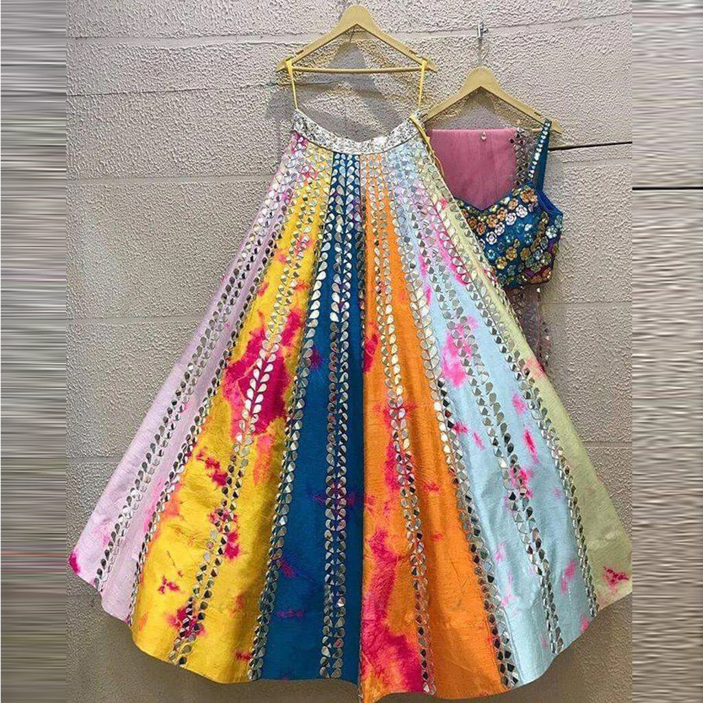 Soft Silk Multi Color Mirror Work Lehenga Choli with Dupatta and Unstitch Blouse Material