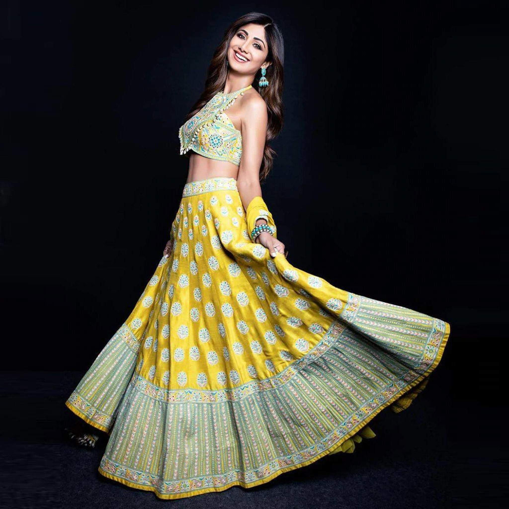 Yellow Colored Bollywood Style Lehenga Choli with Embroidery Work