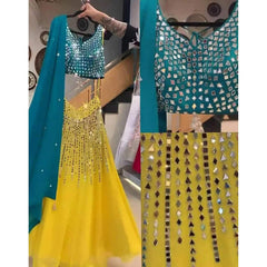Yellow Lehenga Choli in Georgette with Mirror and Embroidery Work