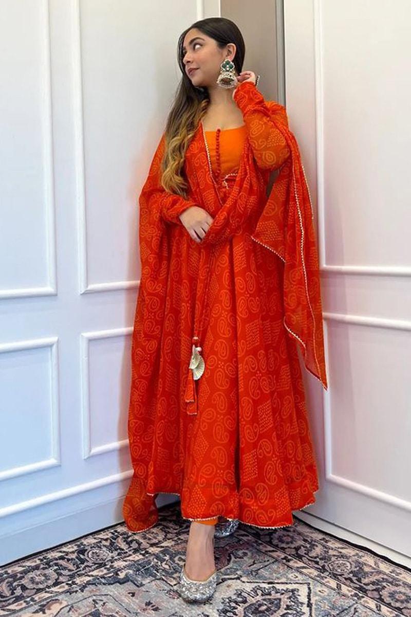 Orange bandhni printed anarkali suit