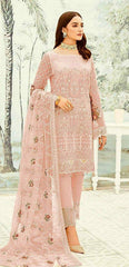 Peach  Faux Georgette Semi Stitched Top With Unstitched Santoon Bottom and Net Dupatta Embroidered Straight Top Dress Material