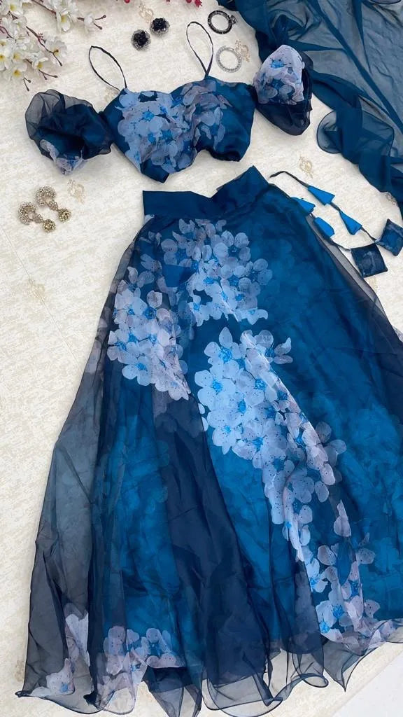 Blue Floral Printed Lehenga Choli With Puffy Sleeves
