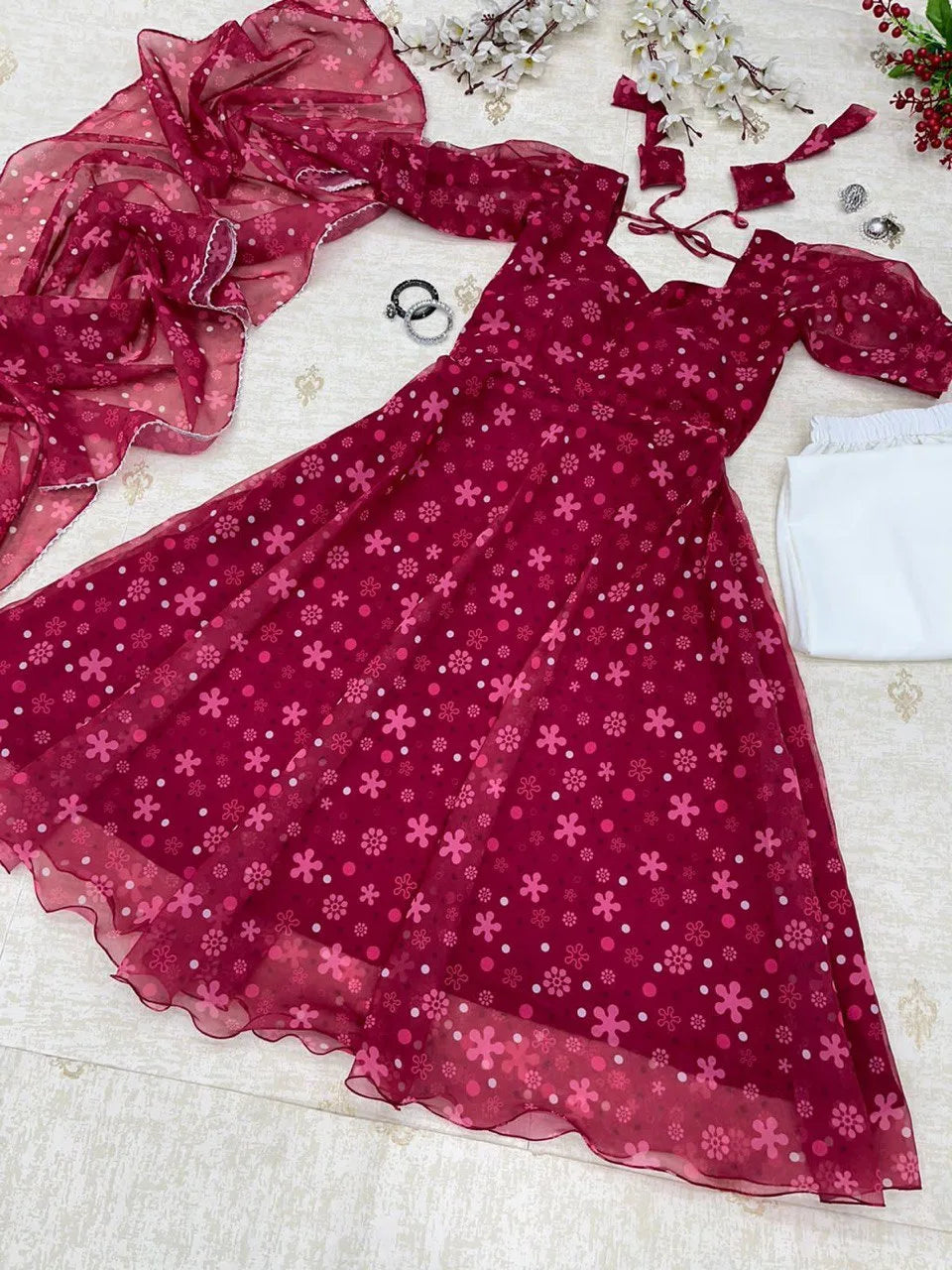 Beautiful Floral Printed Maroon Color Anarkali Gown