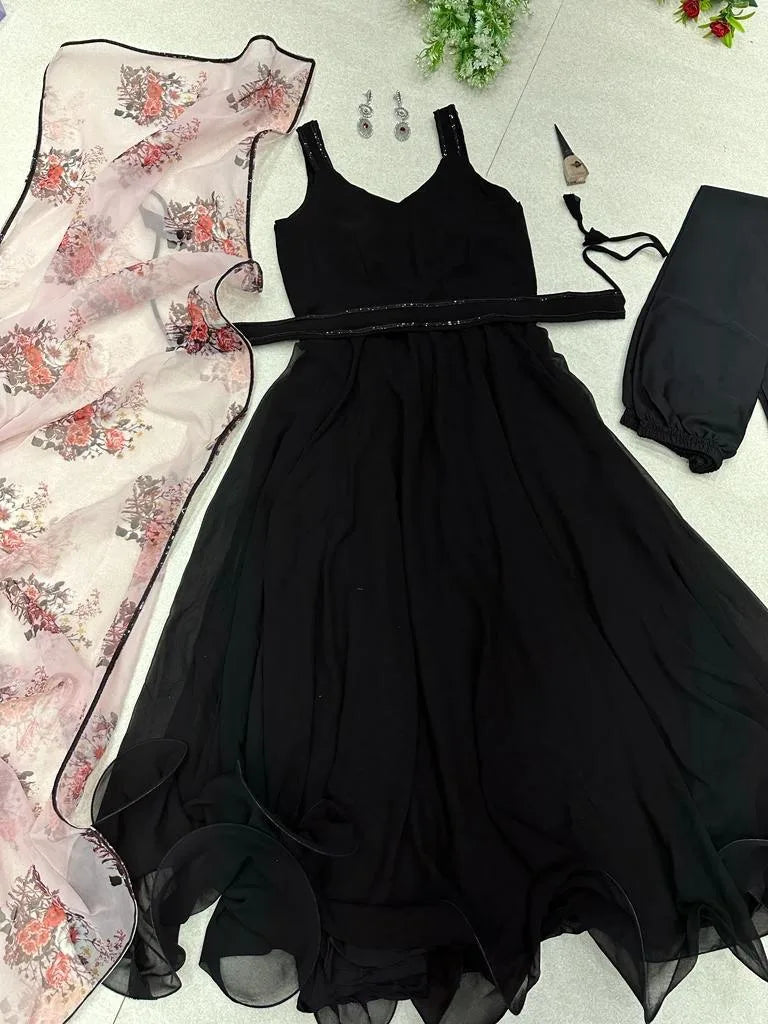 Stylish Black Color Anarkali Gown With Belt