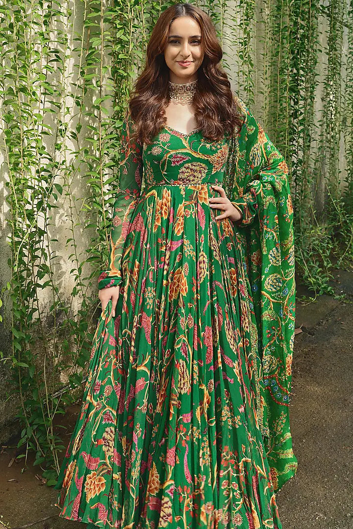 Green butter silk floral printed party wear long anarkali suit