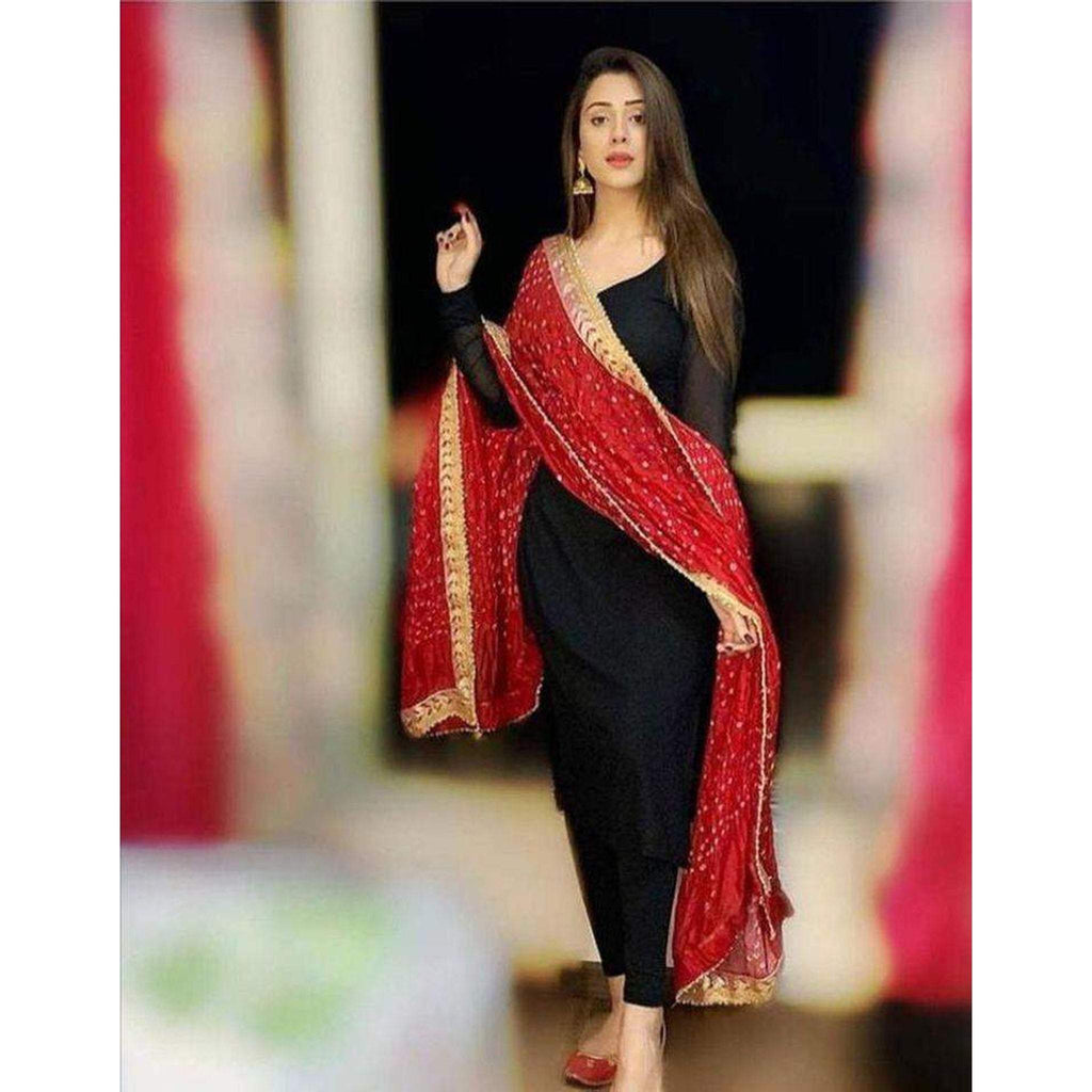 Black Salwar Suit In Rayon Fabric with Red Bandhani Dupatta