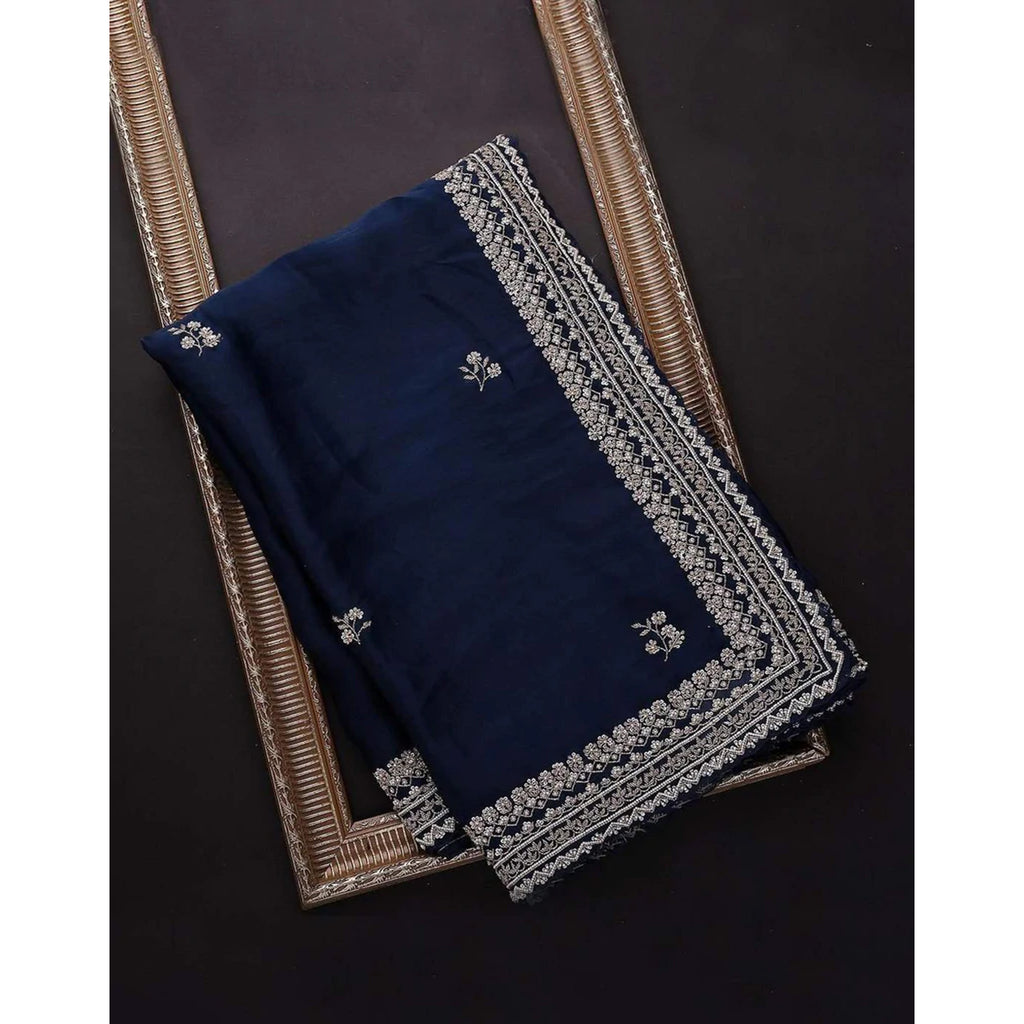 Blue Organza Silk Saree with Grey Blouse and Heavy Embroidery Work