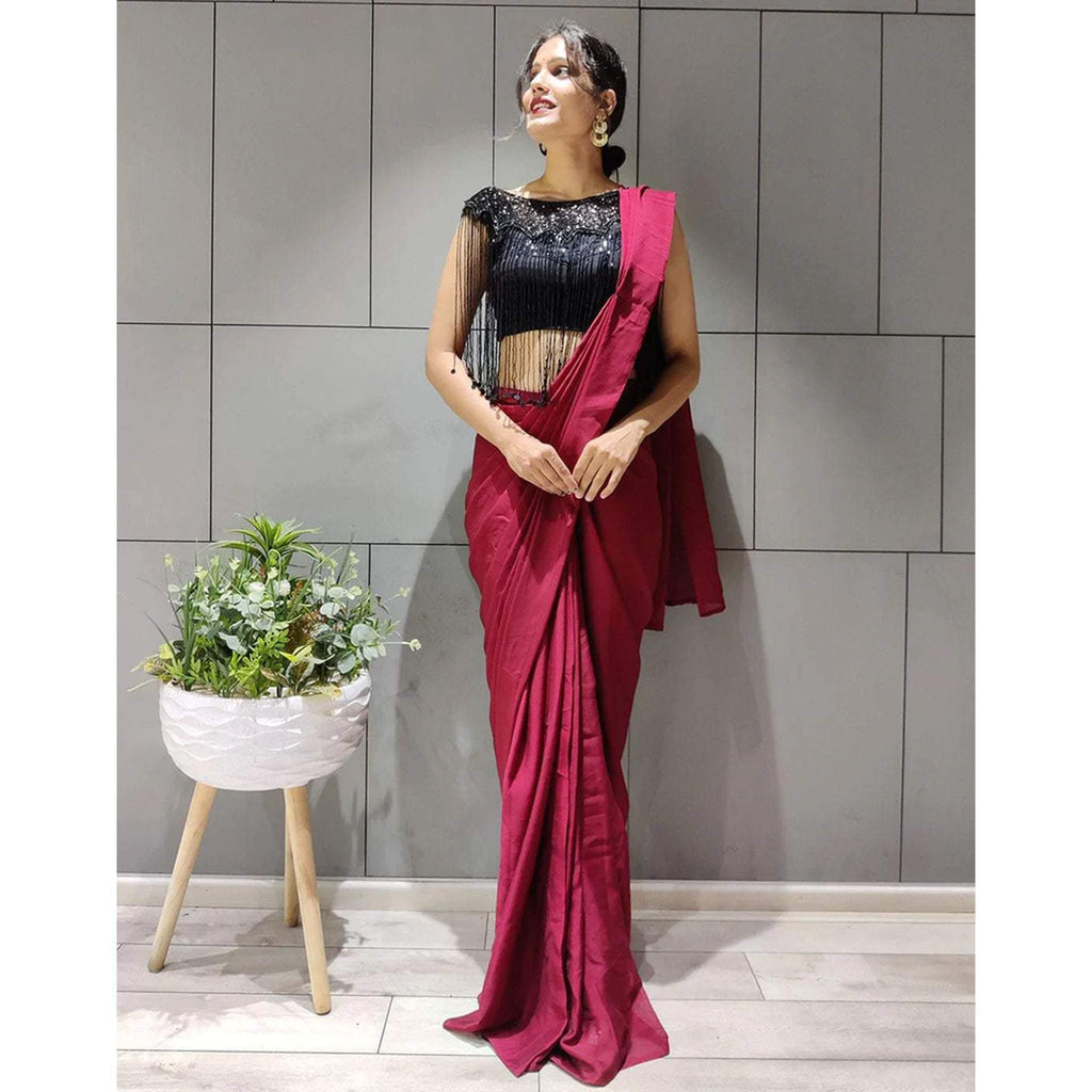 Designer Maroon Silk Readymade Saree with Handwork Blouse Material ...