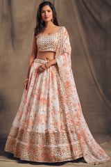 Beautiful White & Orange Zari Embroidery Organza Occasional Wear Lehenga Choli