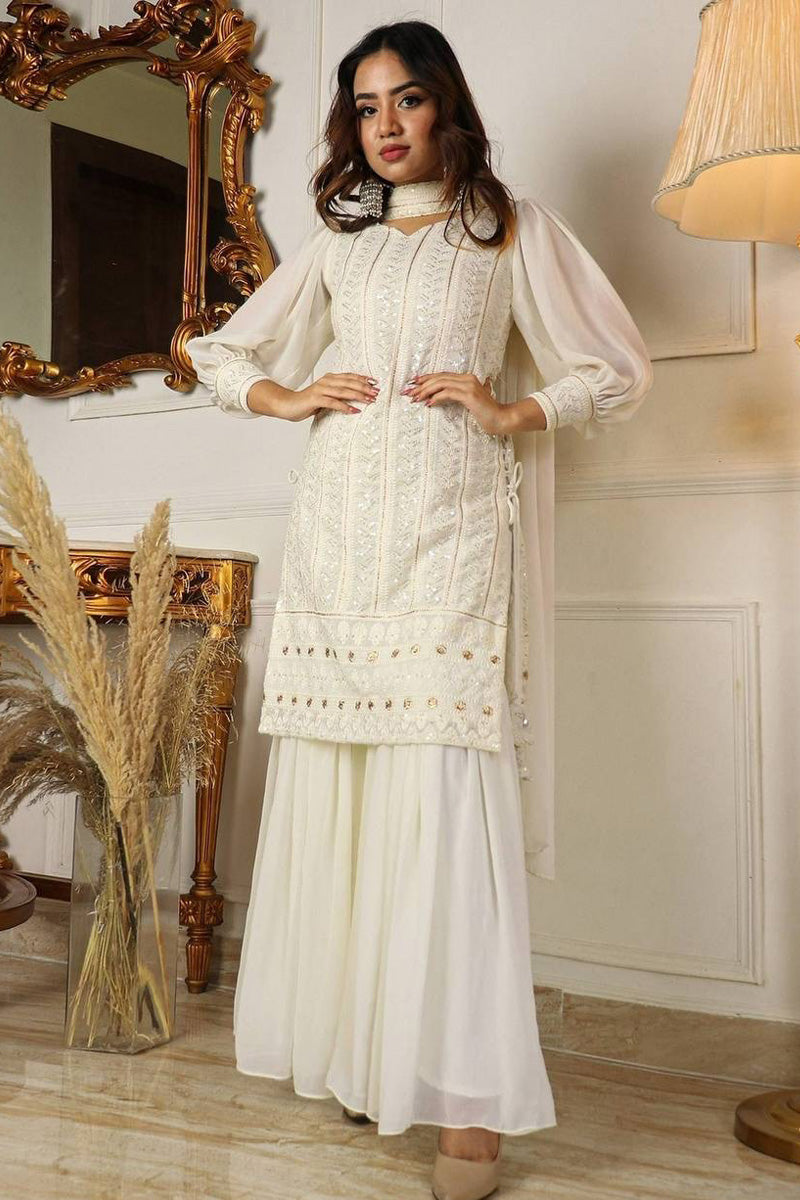 White Lucknowi Work Three Piece Sharara Suit