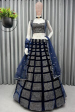 Dark Blue Color Pure Velvet Bridal Wear Embroidered Lehenga Choli
