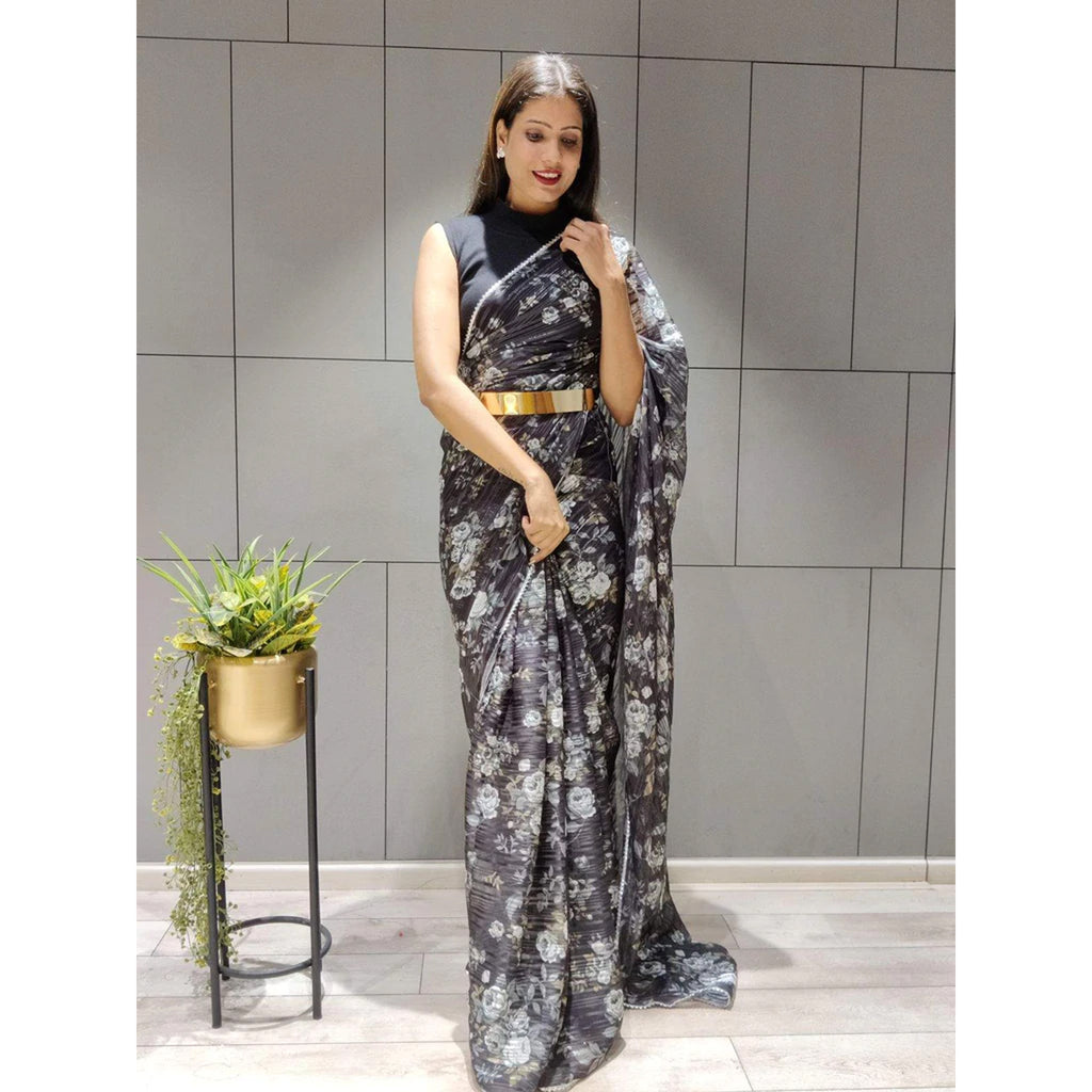 Flower Printed Ready to wear Chiffon Saree with Metal Belt