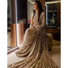 Gold Color Shimmer Party Wear Glitter Sequence Saree for Wedding