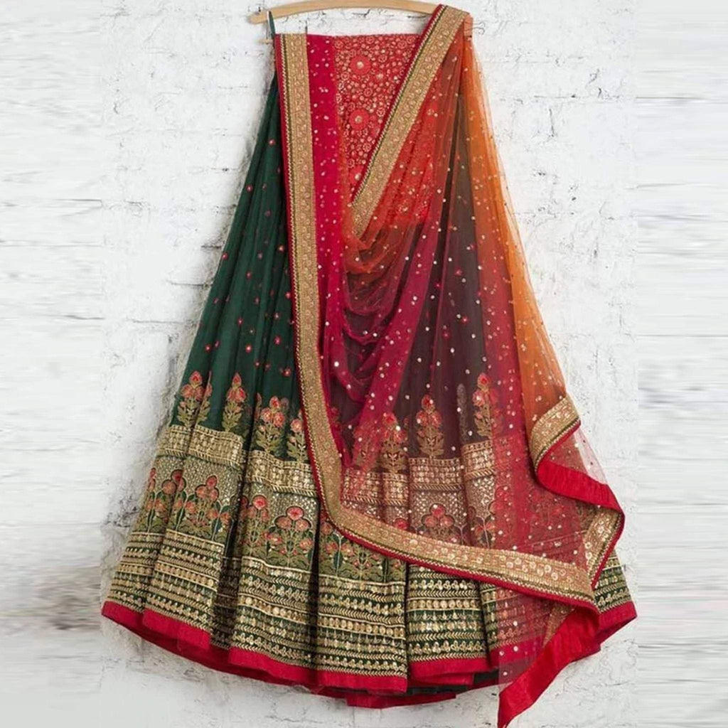 Green Lehenga Choli with Embroidery work And Red Dupatta