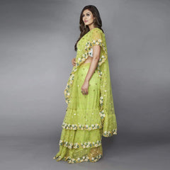 Green Ruffle Saree in Soft Net Fabrics with Embroidery Work