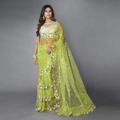 Green Ruffle Saree in Soft Net Fabrics with Embroidery Work