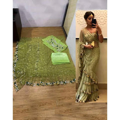 Green Ruffle Saree with Heavy Embroidery Work for Wedding