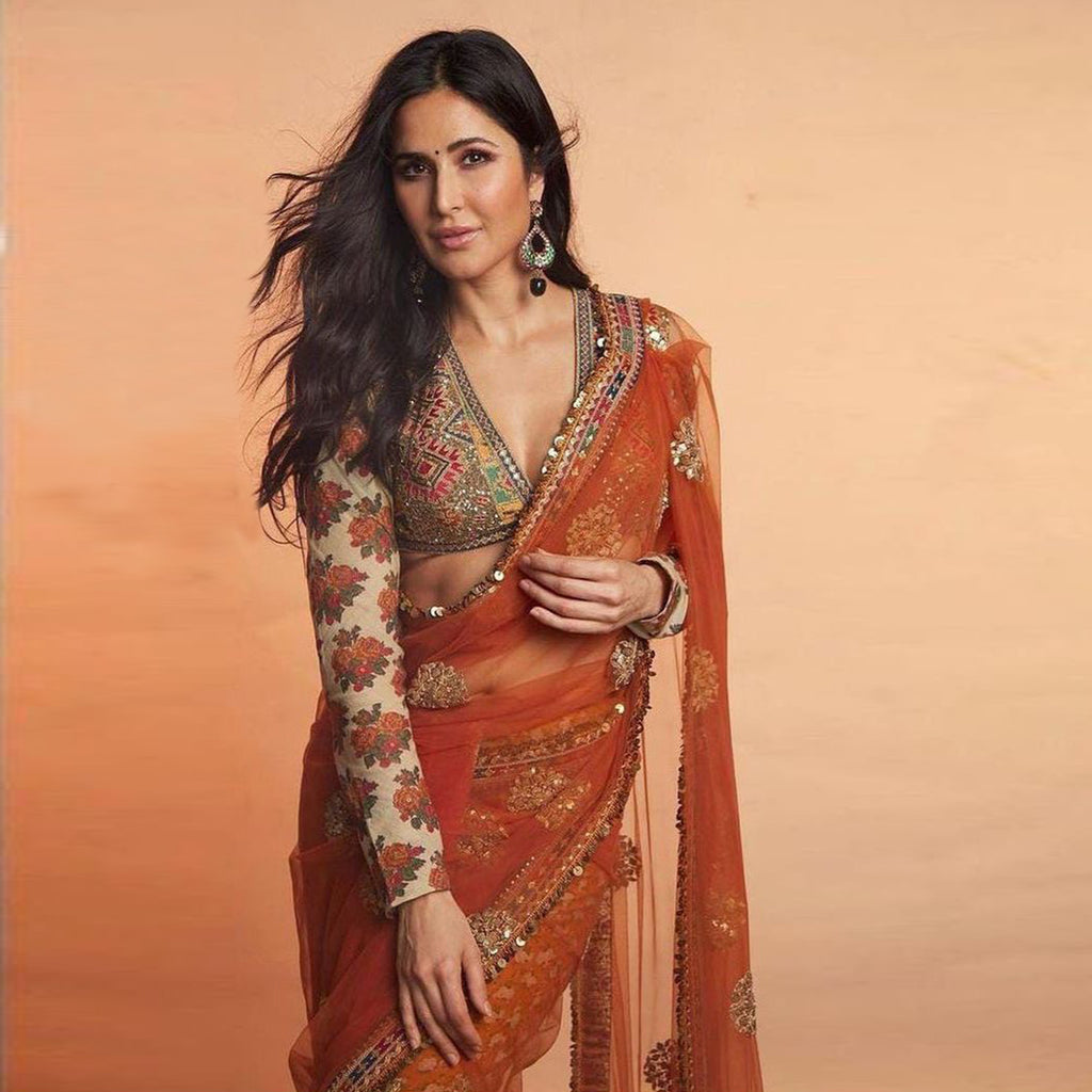 Orange Saree in Net with Sequence Work with Printed Petticoat