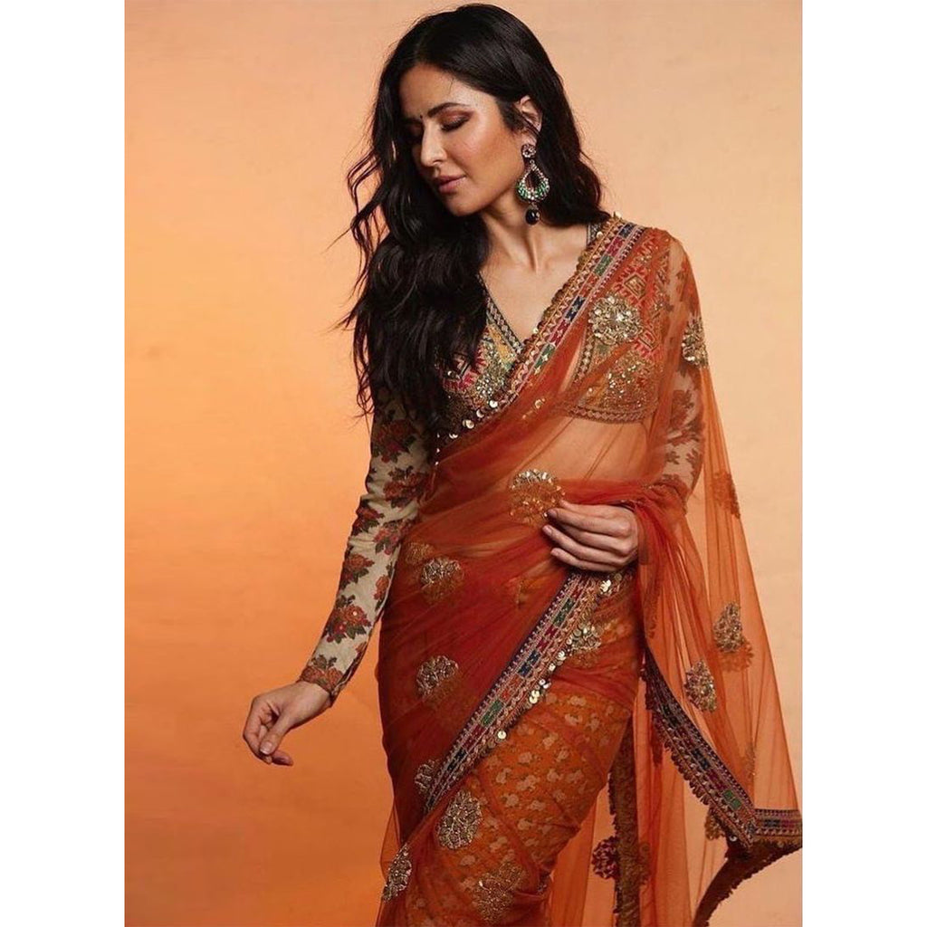 Orange Saree in Net with Sequence Work with Printed Petticoat