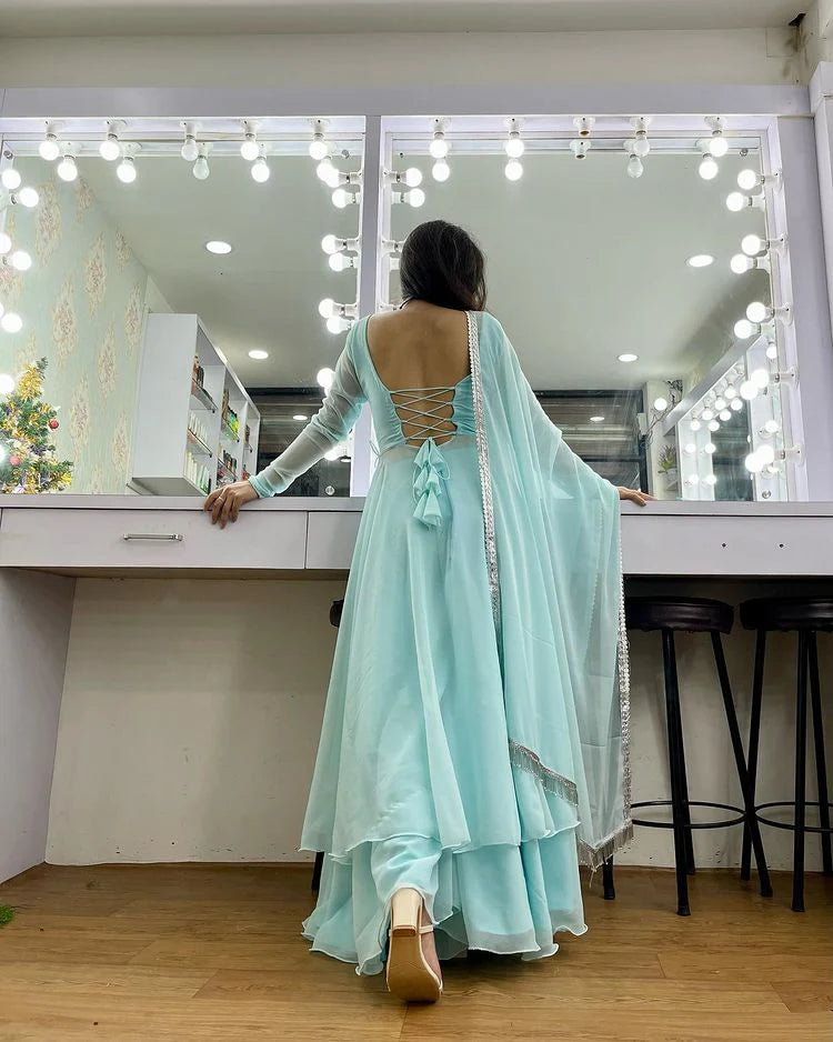 Sky Blue Anarkali Gown Pent Set With Dupatta