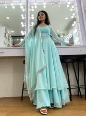 Sky Blue Anarkali Gown Pent Set With Dupatta