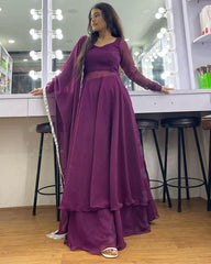 Wine Anarkali Gown Pant Set With Dupatta