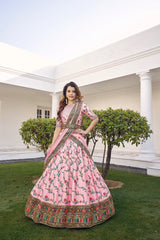 Baby Pink Thread With Sequins Embroidered Silk Semi Stitched Wedding Lehenga