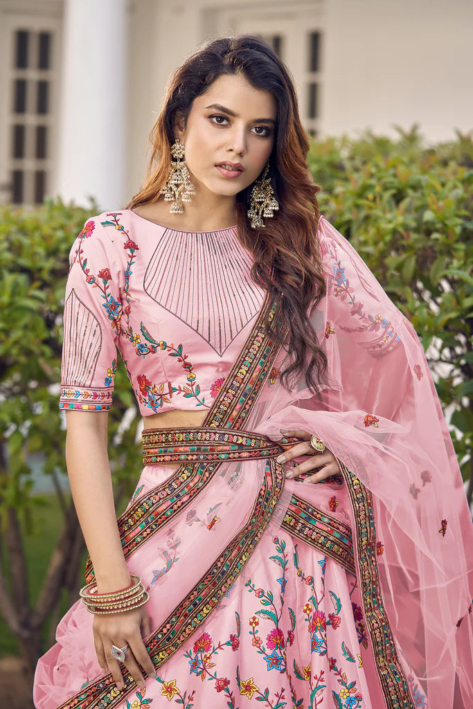 Baby Pink Thread With Sequins Embroidered Silk Semi Stitched Wedding Lehenga