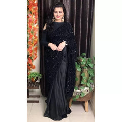 Black Half Velvet Sequence Work and Half Satin Partywear Saree